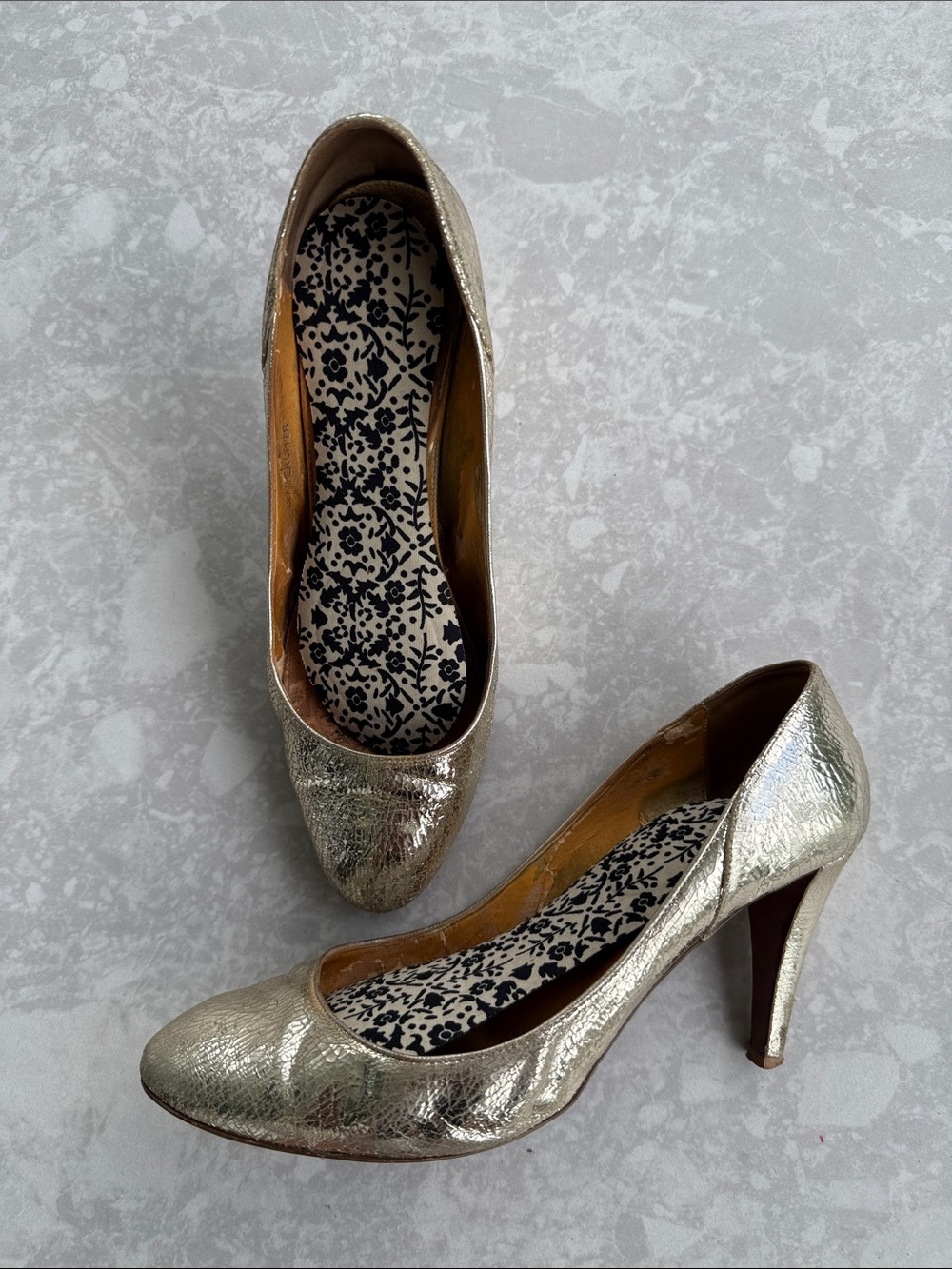 J.Crew Crackled Gold Women's Round Toe High Heels, Size 9.5